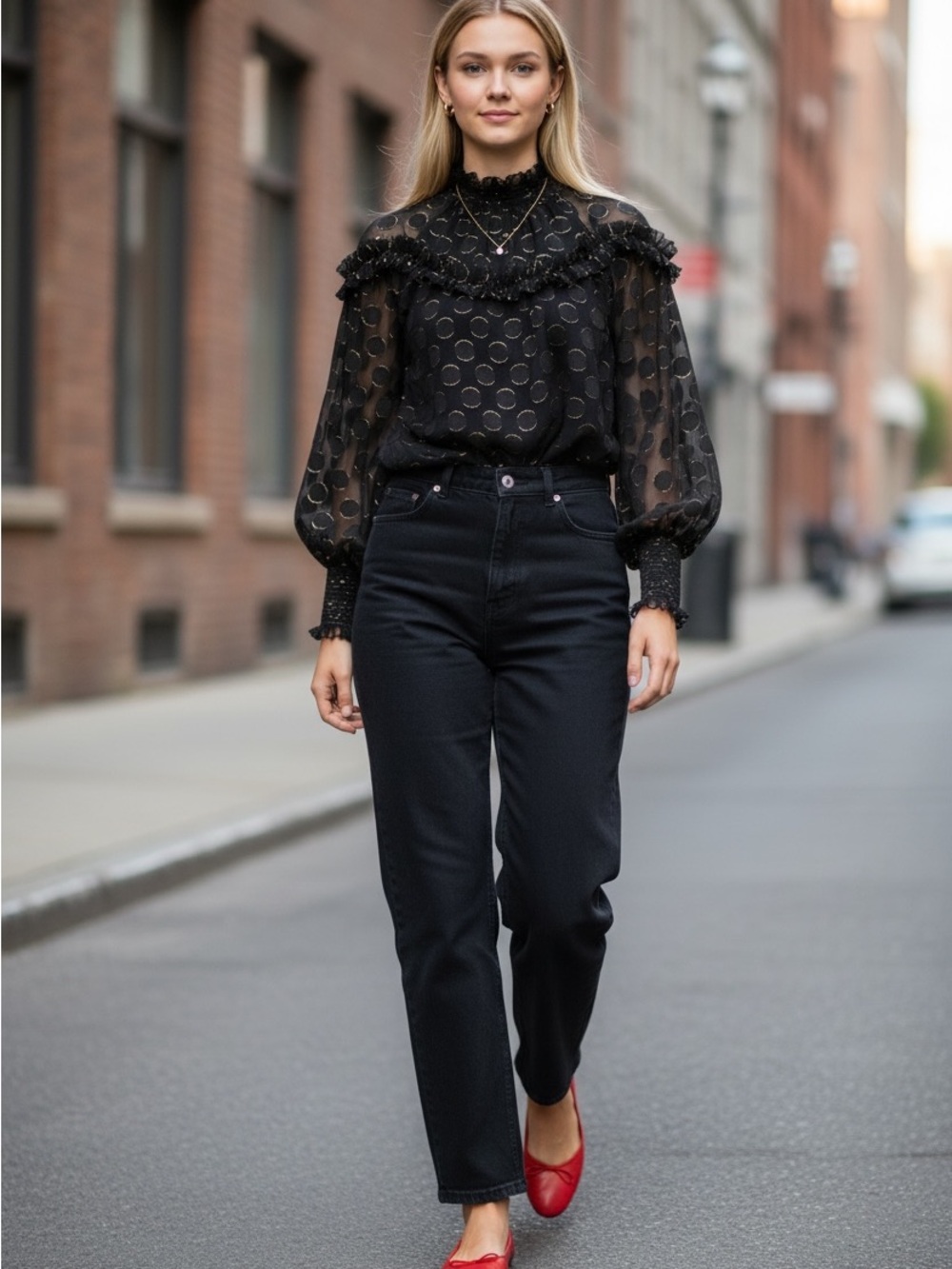 Monique Lhuillier Black Blouse with Gold Metallic Dot Accents